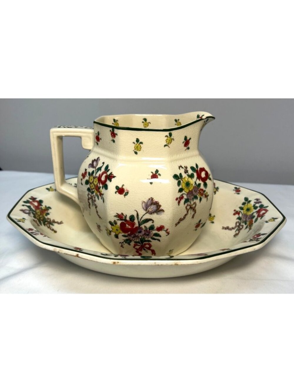 VintageOld Leeds Sprays Royal Doulton Floral Ceramic Pitcher & Bowl Set With Han
